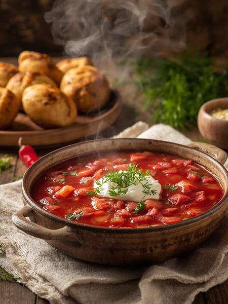 Borscht with Garlic Pampushky - recipe