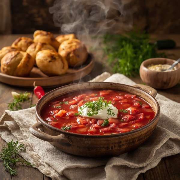 Borscht with Garlic Pampushky - recipe